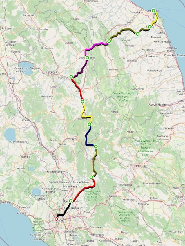 Free Wheels_viaggio edizione 2024_mappa da Ancona a Roma